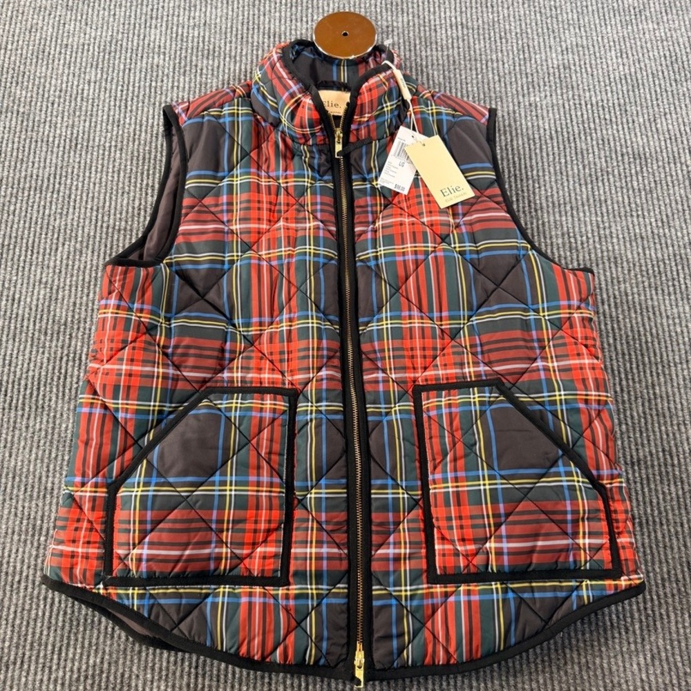 Elie Elie Tahari Plaid Quilted Puffer Vest Full Zip Womens Large Red EH541095
